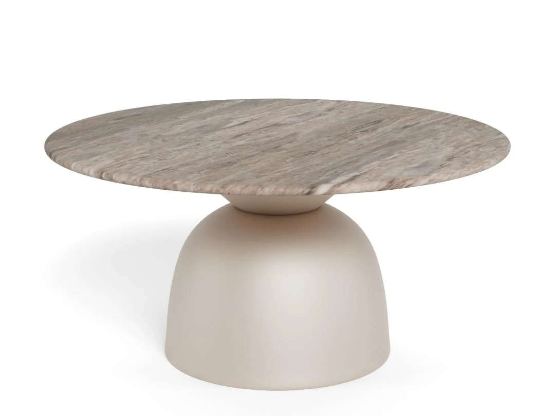 De Salontafel Grijs 80 CM Rond Kunststof heeft een modern rond ontwerp met een glad lichtgrijs blad en een brede, matte basis, tegen een effen witte achtergrond.