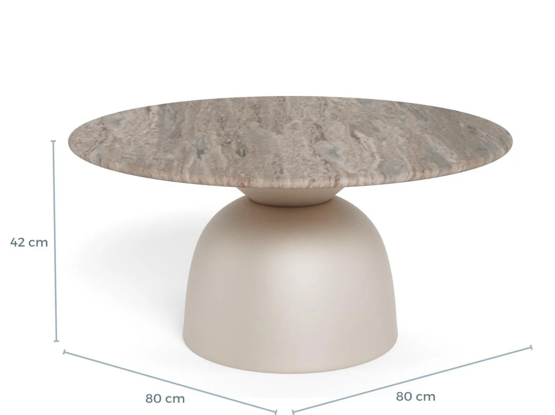 De Salontafel Grijs 80 CM Rond Kunststof heeft een gestructureerd, rond blad in steenlook en een glad beige gebogen voetstuk. Deze designtafel is 42 cm hoog en heeft een diameter van 80 cm, perfect voor moderne interieurs.