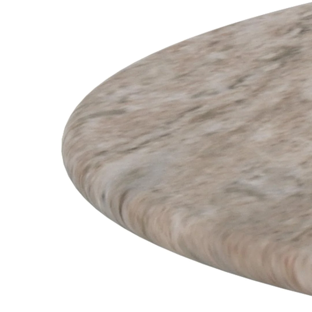 Een close-up van de rand van de Salontafel Grijs 80 CM Rond Kunststof toont het gladde, gepolijste, lichtbruin gespikkelde oppervlak en het ronde tafelbladontwerp.