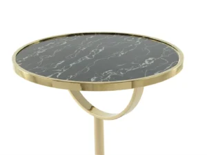 De Bijzettafel Zwart Marmer Compact is een moderne ronde bijzettafel met een zwart marmeren blad, een goud metalen frame en een uniek geometrisch onderstelontwerp.