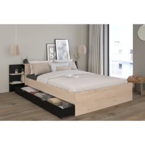 Bed 140 x 200 cm Eiken Zwart met Opberglade Parisot HORN
