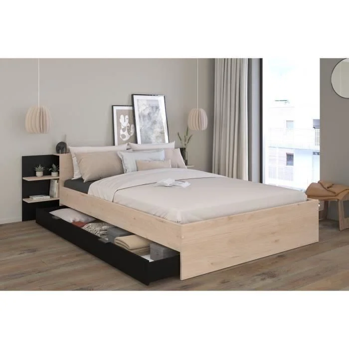 Bed 140 x 200 cm Eiken Zwart met Opberglade Parisot HORN