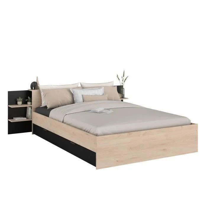 Bed 140 x 200 cm Eiken Zwart met Opberglade Parisot HORN - Afbeelding 2