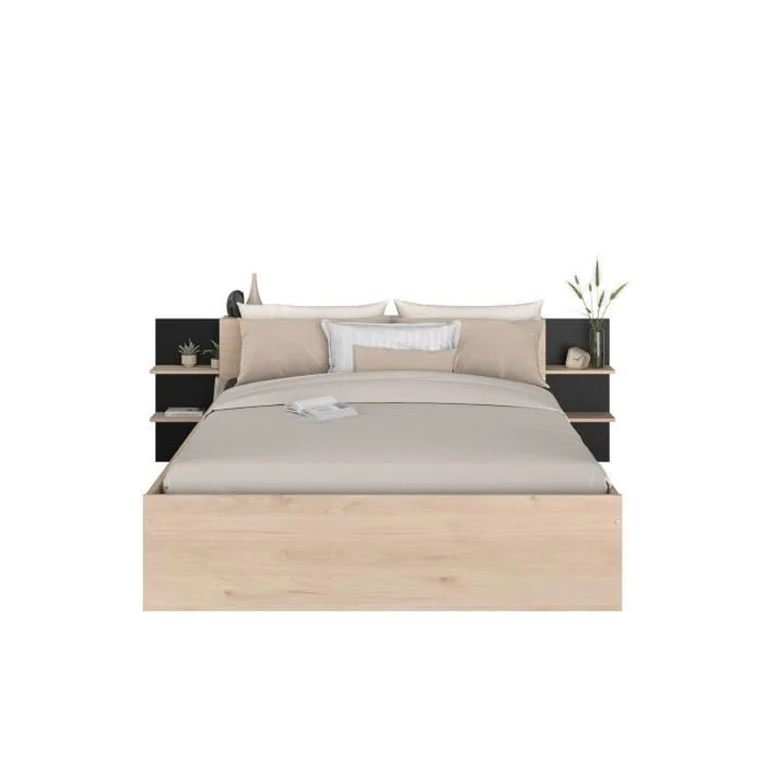 Bed 140 x 200 cm Eiken Zwart met Opberglade Parisot HORN - Afbeelding 3