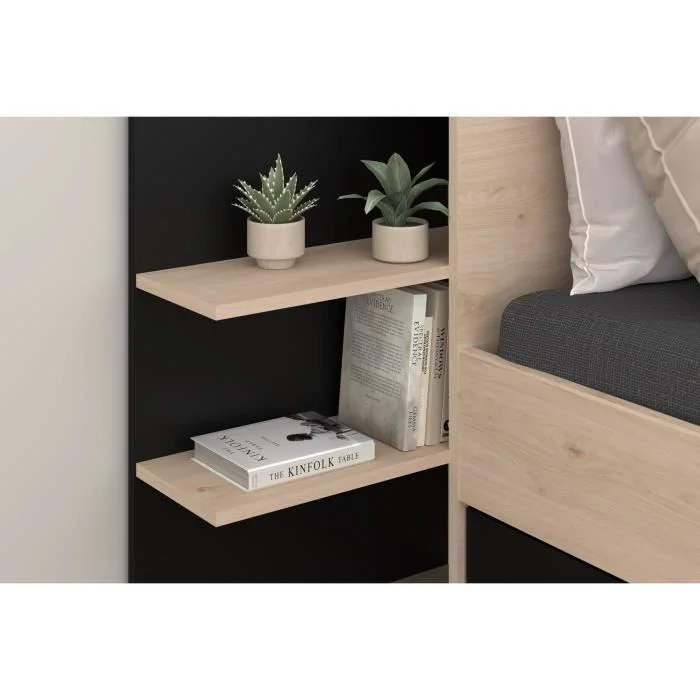 Bed 140 x 200 cm Eiken Zwart met Opberglade Parisot HORN - Afbeelding 6