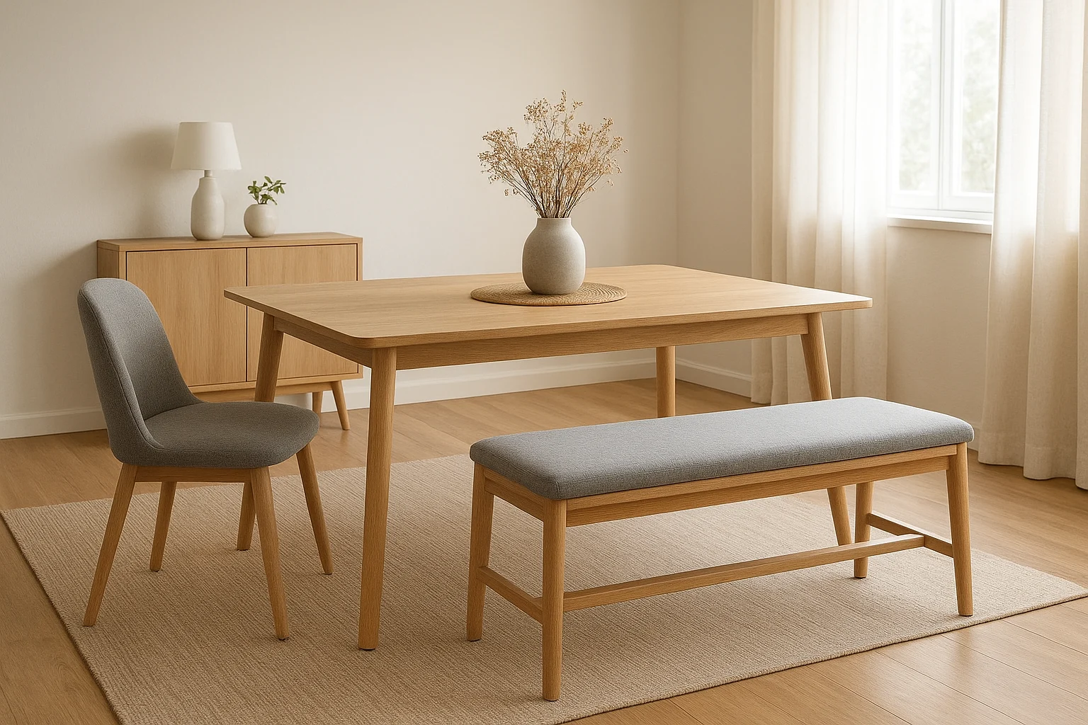 Een minimalistische eetkamer met een houten tafel, een grijze stoel met kussens en een bijpassende bank op een beige vloerkleed. Net als "wat is het verschil tussen een salontafel en een bijzettafel", dient elk stuk zowel functie als stijl te midden van zacht natuurlijk licht.