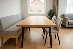 Minimalistische eethoek met een houten tafel, twee gestoffeerde stoelen, een grijze bank, hardhouten vloeren en een plant in pot - perfect voor wie zich afvraagt: wat is het verschil tussen een salontafel en een bijzettafel in je interieur?.