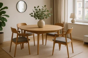 Een ronde houten eettafel voor vier personen - perfect als je je afvraagt "hoe groot is een eettafel voor 4 personen"- staat op een vloerkleed in een lichte kamer. Een vaas met groene takken, een potplant, een wandspiegel en een raam met beige gordijnen maken de look compleet.