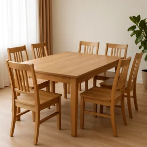 Een lichte houten eettafel - perfect voor wie zich afvraagt "hoe groot is een tafel voor 6 personen"- met zes bijpassende stoelen staat op een lichte houten vloer in een lichte kamer met een groot raam, beige gordijnen en een potplant in de hoek.
