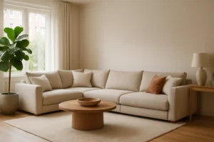 Een moderne woonkamer met een grote beige sofa, een ronde houten salontafel-ontdek wat het verschil is tussen een salontafel en een bijzettafel-plus een plant in pot, neutrale inrichting en natuurlijk licht door transparante gordijnen.