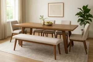 Een moderne eetkamer met een houten tafel, vier gestoffeerde stoelen, een bijpassende bank, een schaal met groene appels en minimalistische muurkunst. In tegenstelling tot een salontafel of bijzettafel staat de grote tafel in het middelpunt van de belangstelling omdat er natuurlijk licht binnenvalt door een raam.