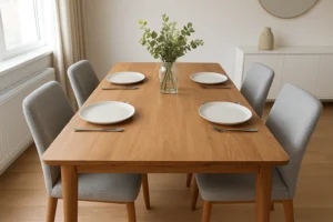 Een houten eettafel voor vier personen met witte borden, vorken en messen. Vier grijs gestoffeerde stoelen omringen de tafel-de perfecte grootte als je denkt: hoe groot moet een eettafel zijn voor 4 personen? De lichte kamer voelt minimalistisch en fris aan.