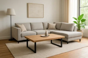 Een moderne woonkamer met een lichtgrijze sectionele bank en een houten salontafel-perfect voor wie zich afvraagt: hoe groot moet een salontafel zijn bij een hoekbank. Een staande lamp, een groot vloerkleed, een potplant en een lege ingelijste foto maken de lichte ruimte compleet.