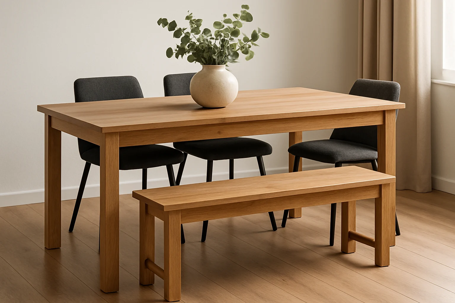 Een moderne eethoek met een houten tafel, drie donkere stoelen met kussens en een bank staat naast een raam met beige gordijnen en laat het verschil in functionaliteit zien - wat is het verschil tussen een salontafel en een bijzettafel - door middel van een doordacht ontwerp.