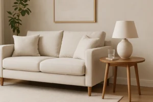 Een beige bank met twee kussens staat naast een houten bijzettafel met een witte lamp en een glas water, die de functie van een bijzettafel in huis laat zien. Een groene plant en ingelijste kunst maken deze gezellige, minimalistische woonkamer compleet.