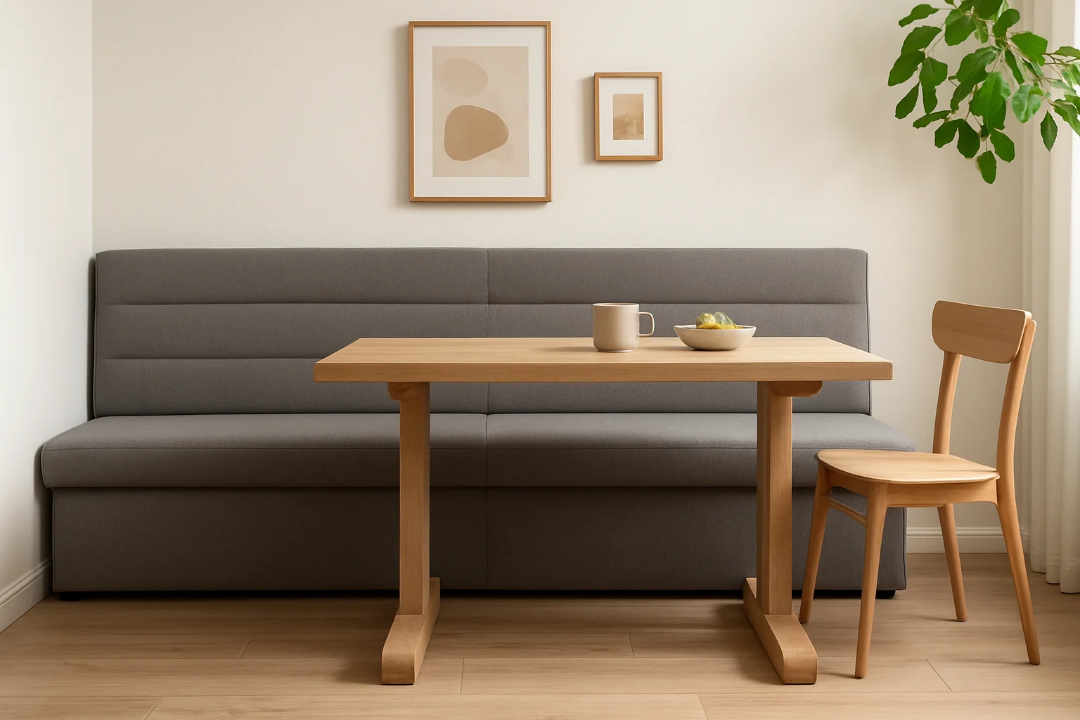 Een minimalistische eethoek met een houten tafel en stoel, een grijs gestoffeerde bank, ingelijste abstracte kunst en een neutrale inrichting die het verschil laat zien tussen belangrijke stukken zoals een salontafel en een bijzettafel bij het creëren van verschillende functionele ruimtes.