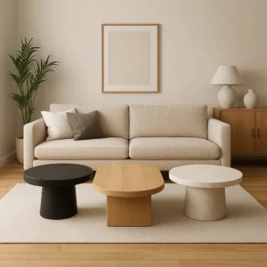 Een moderne woonkamer met een beige bank, drie ronde salontafels - perfect voor wie zich afvraagt "hoe kies je de juiste salontafel" - een potplant, dressoir met lamp, ingelijste kunstwerken, alles op een licht vloerkleed en een houten vloer.
