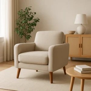 Een beige fauteuil met houten poten staat op een licht vloerkleed in een minimalistische woonkamer met een houten kast, kamerplant, lamp en boeken op een ronde salontafel-wat is het verschil tussen een salontafel en een bijzettafel?.