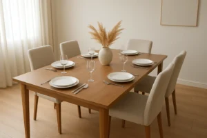 Een houten eettafel voor zes personen met witte borden, zilveren bestek, wijnglazen en beige gestoffeerde stoelen - perfect als je je afvraagt hoe lang een eettafel moet zijn voor zes personen in een lichte, minimalistische kamer: Hoe lang moet een eettafel zijn voor 6 personen in een lichte, minimalistische kamer.