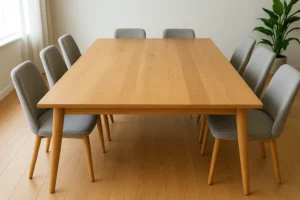 Een rechthoekige houten eettafel, perfect voor bijeenkomsten, met acht grijs gestoffeerde stoelen eromheen - ideaal als je bedenkt "hoe lang moet een tafel zijn om plaats" voor meerdere gasten in een lichte kamer met houten vloeren en witte muren.