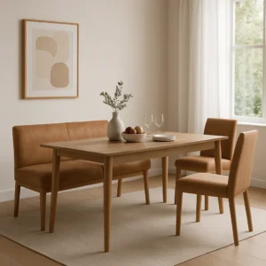 Een moderne eetkamer met een houten tafel, twee bruine gestoffeerde stoelen en een bijpassende bank - wat het verschil is tussen een salontafel en een bijzettafel. Een vaas met groen en minimalistische kunst maken de look bij het grote raam compleet.