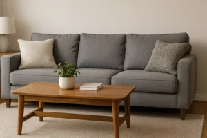 Een moderne woonkamer heeft een grijze bank, kussens met patronen, een houten salontafel met een potplant en een boek, en een lamp op een bijzettafel - perfect voor wie zich afvraagt: wat is de functie van een bijzettafel in huis.