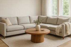 Een moderne woonkamer met een lichtgrijze sofa, houten ronde salontafel (hoe plaats je een salontafel), een vaas met groen, een beige gebreide deken en grote ramen met witte gordijnen die natuurlijk licht binnenlaten.