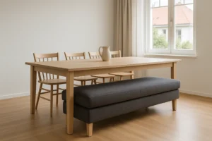 Een minimalistische eetkamer heeft een houten tafel, vier houten stoelen en een grijs gestoffeerde bank. Het licht valt naar binnen door beige gordijnen en accentueert een keramische kruik, die de elegantie laat zien van wat het verschil is tussen een salontafel en een bijzettafel.