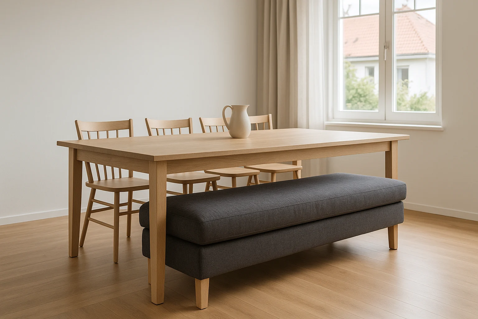 Een minimalistische eetkamer heeft een houten tafel, vier houten stoelen en een grijs gestoffeerde bank. Het licht valt naar binnen door beige gordijnen en accentueert een keramische kruik, die de elegantie laat zien van wat het verschil is tussen een salontafel en een bijzettafel.
