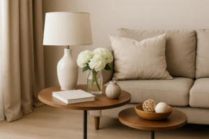 Een gezellige woonkamer met een beige bank, crèmekleurige kussens, ronde houten tafels - een perfect voorbeeld van de functie van een bijzettafel in huis - plus een witte lamp, vazen, boek en decoratieve ballen in een houten schaal. Overal lichte, neutrale tinten.
