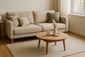 Een moderne, minimalistische woonkamer met een beige bank en neutrale kussens illustreert hoeveel afstand er tussen meubels hoort te zijn, met een lichthouten salontafel op een crèmekleurig vloerkleed bij een groot raam met transparante gordijnen.