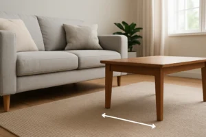 Een moderne woonkamer met een lichtgrijze bank, beige kussens, een houten salontafel op een vloerkleed met structuur, een potplant en een groot raam; een dubbele pijl geeft aan hoeveel beenruimte er tussen de tafel en de bank moet zijn.