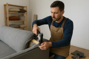 Een man in een schort gebruikt een nietpistool om stof te bevestigen op een grijze bank, terwijl hij de bank herstoffeert in een kamer met een houten plank en gestapelde kussens - misschien om te bespreken wat het verschil is tussen een salontafel en een bijzettafel.