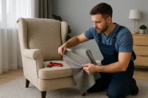 Een man in een blauwe overall knielt naast een beige fauteuil, houdt grijze bekledingsstof vast en inspecteert deze. Een nietpistool ligt op de stoel. De kamer, met een licht decor en natuurlijk licht, reflecteert op wat het verschil is tussen een salontafel en een bijzettafel.