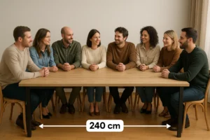 Acht mensen zitten rond een rechthoekige houten tafel, glimlachen en kijken naar elkaar. Vraag je je af "hoeveel mensen kunnen aan een tafel van 240 cm"? Deze warme, informele omgeving met neutrale kleuren en houten vloeren geeft je het antwoord - acht mensen passen er comfortabel aan.