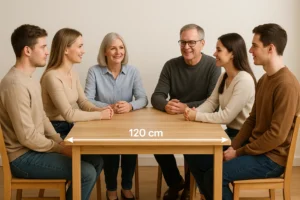 Zes mensen, drie mannen en drie vrouwen, zitten rond een houten tafel in een lichte ruimte. Een pijl op de tafel geeft aan dat deze 120 cm breed is. Wil je weten: hoeveel mensen kunnen er aan een tafel van 120 cm?.