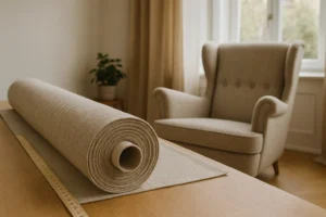 Een opgerolde beige stof rust op een houten tafel naast een liniaal, wat de vraag oproept: wat is het verschil tussen een salontafel en een bijzettafel? Een fauteuil, een kleine plant en een raam met gordijnen maken de zacht verlichte achtergrond compleet.