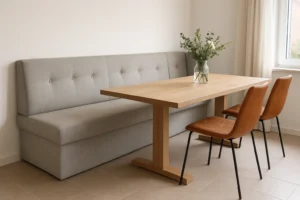 Een minimalistische eethoek met een lichthouten tafel, twee bruine stoelen en een lichtgrijs gestoffeerde bank. Net als wat het verschil is tussen een salontafel en een bijzettafel, dient elk stuk hier een duidelijk doel in de serene omgeving.