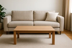 Een beige bank met drie zitkussens en één kussen staat achter een lichte houten salontafel - perfect voor wie zich afvraagt: hoeveel ruimte moet er tussen mijn zetel en tafel? De opstelling rust op een neutraal vloerkleed in een minimalistische woonkamer met een hoekplant.