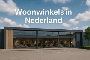 Exterieur van een woonwinkel in Nederland met grote ramen. Interieur met stoelen en banken is zichtbaar. Blauwe lucht met wolken erboven.