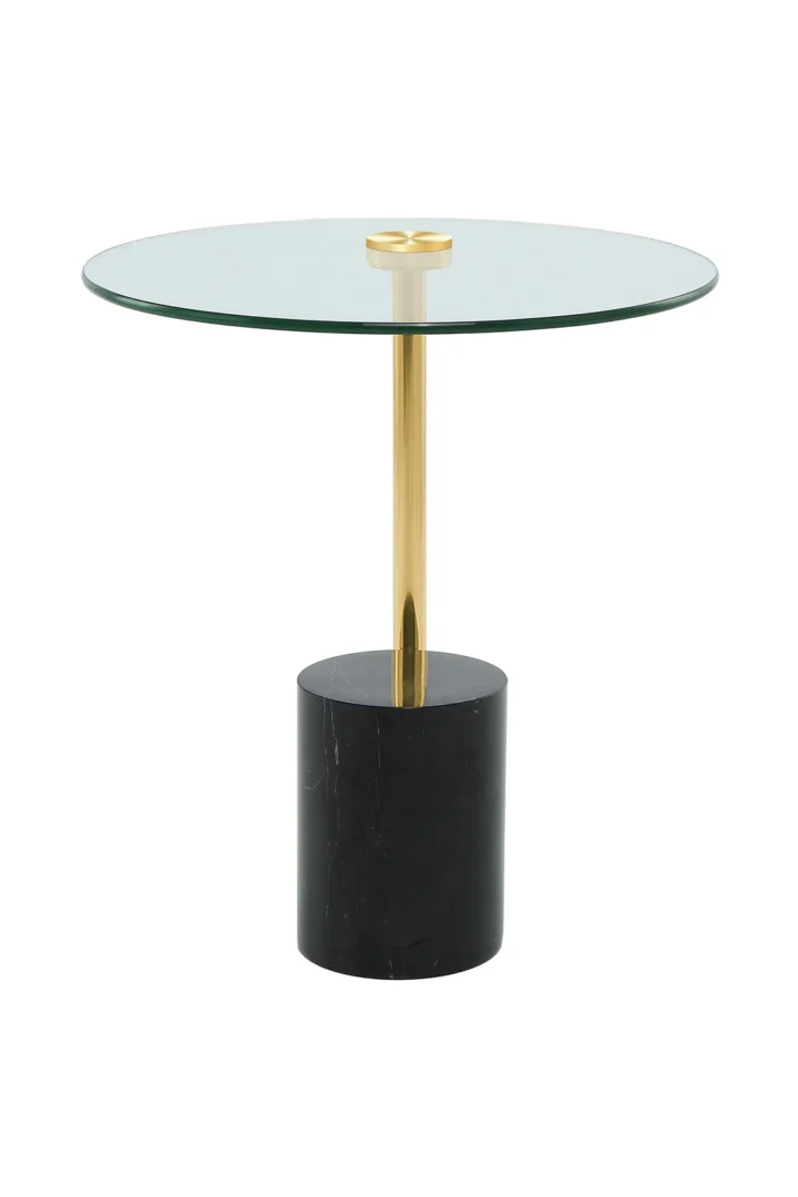 De Bijzettafel Zwart, Goud 17 CM Rond Marmer is een moderne bijzettafel met een rond glazen blad, een goud metalen centrale steun en een zwart cilindervormig marmeren onderstel, tegen een witte achtergrond.
