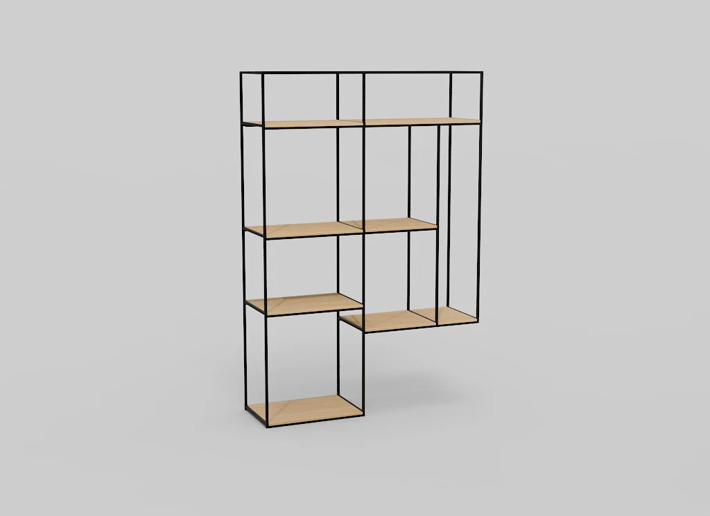 De Izola BOEKENREK E02M is een moderne, minimalistische kast met een zwart metalen frame en lichte houten planken in een asymmetrisch geometrisch ontwerp, tegen een effen lichtgrijze achtergrond.