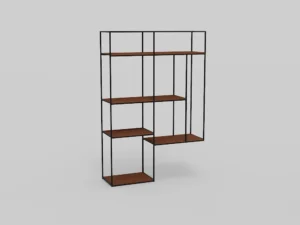 De Izola BOEKENREK EL21 is een moderne open kast met een zwarte metalen structuur en vijf onregelmatig gerangschikte rechthoekige houten planken tegen een effen lichtgrijze achtergrond.