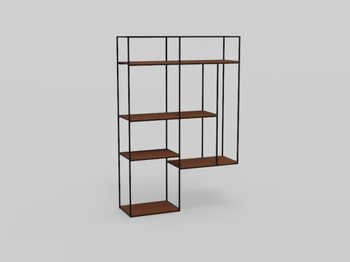De Izola BOEKENREK EL21 is een moderne open kast met een zwarte metalen structuur en vijf onregelmatig gerangschikte rechthoekige houten planken tegen een effen lichtgrijze achtergrond.