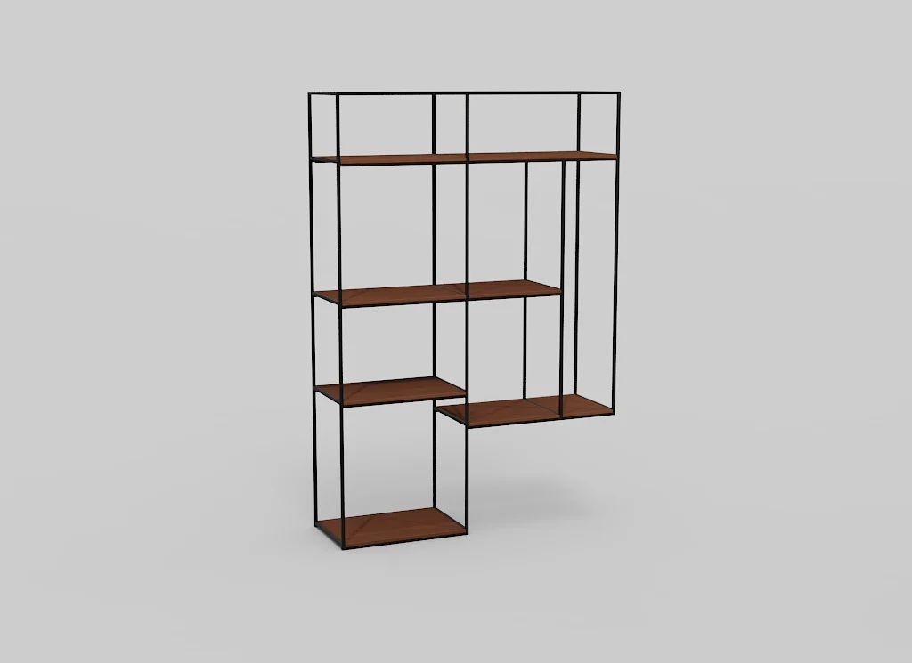 De Izola BOEKENREK EL21 is een moderne open kast met een zwarte metalen structuur en vijf onregelmatig gerangschikte rechthoekige houten planken tegen een effen lichtgrijze achtergrond.