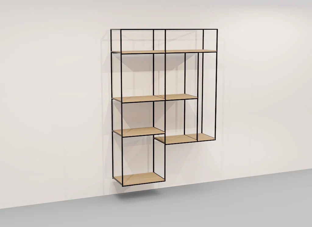 De Izola BOEKENREK HANG E02M is een moderne, minimalistische wandkast met een zwart metalen frame en licht houten planken in een asymmetrisch geometrisch ontwerp tegen een witte muur.