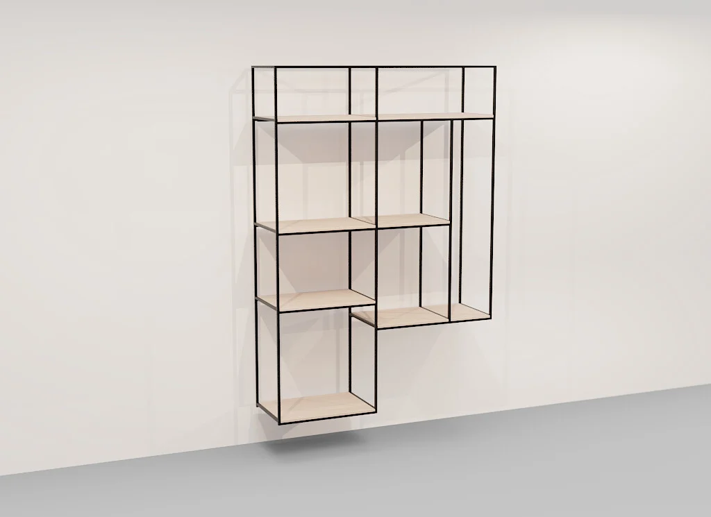 De Izola BOEKENREK HANG WWM is een modern, geometrisch wandrek met een zwart metalen frame en licht houten planken, met een asymmetrisch open doosontwerp voor stijlvolle opbergruimte.