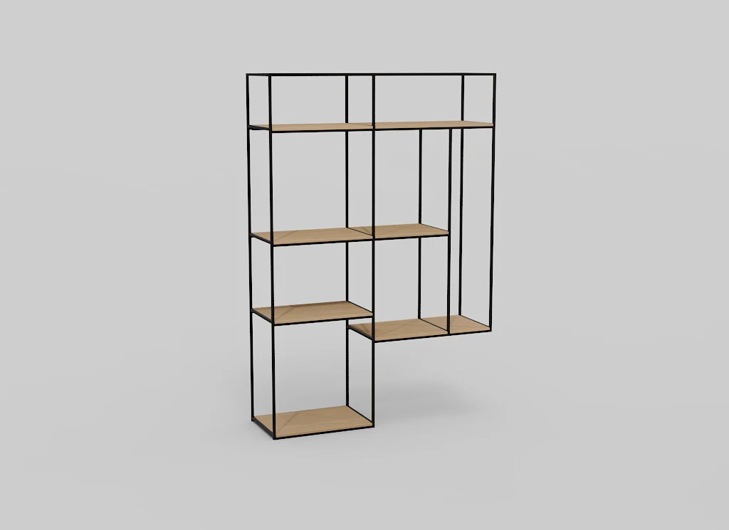 De Izola BOEKENREK S04 is een moderne, minimalistische kast met een zwart metalen frame en vijf lichthouten planken die asymmetrisch zijn geplaatst tegen een effen grijze achtergrond.
