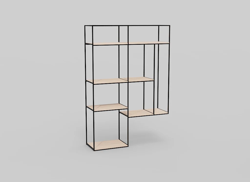 De Izola BOEKENREK WWM is een minimalistische kast met een zwart metalen frame en licht houten planken in een asymmetrisch geometrisch ontwerp, tegen een effen grijze achtergrond.