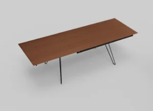 De Izola TAFEL 180-280 EL21 is een moderne rechthoekige houten tafel met dunne zwarte metalen poten, minimalistisch design en een glad, vlak oppervlak, afgebeeld op een effen lichtgrijze achtergrond.